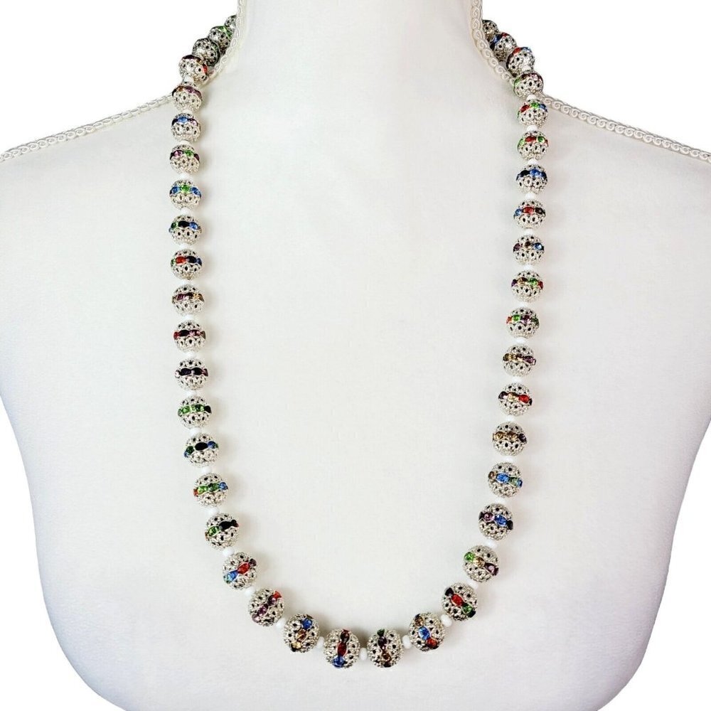Filigree & Rhinestone Crystal Beaded Necklace 28" Toggle Clasp Silver Tone EUC